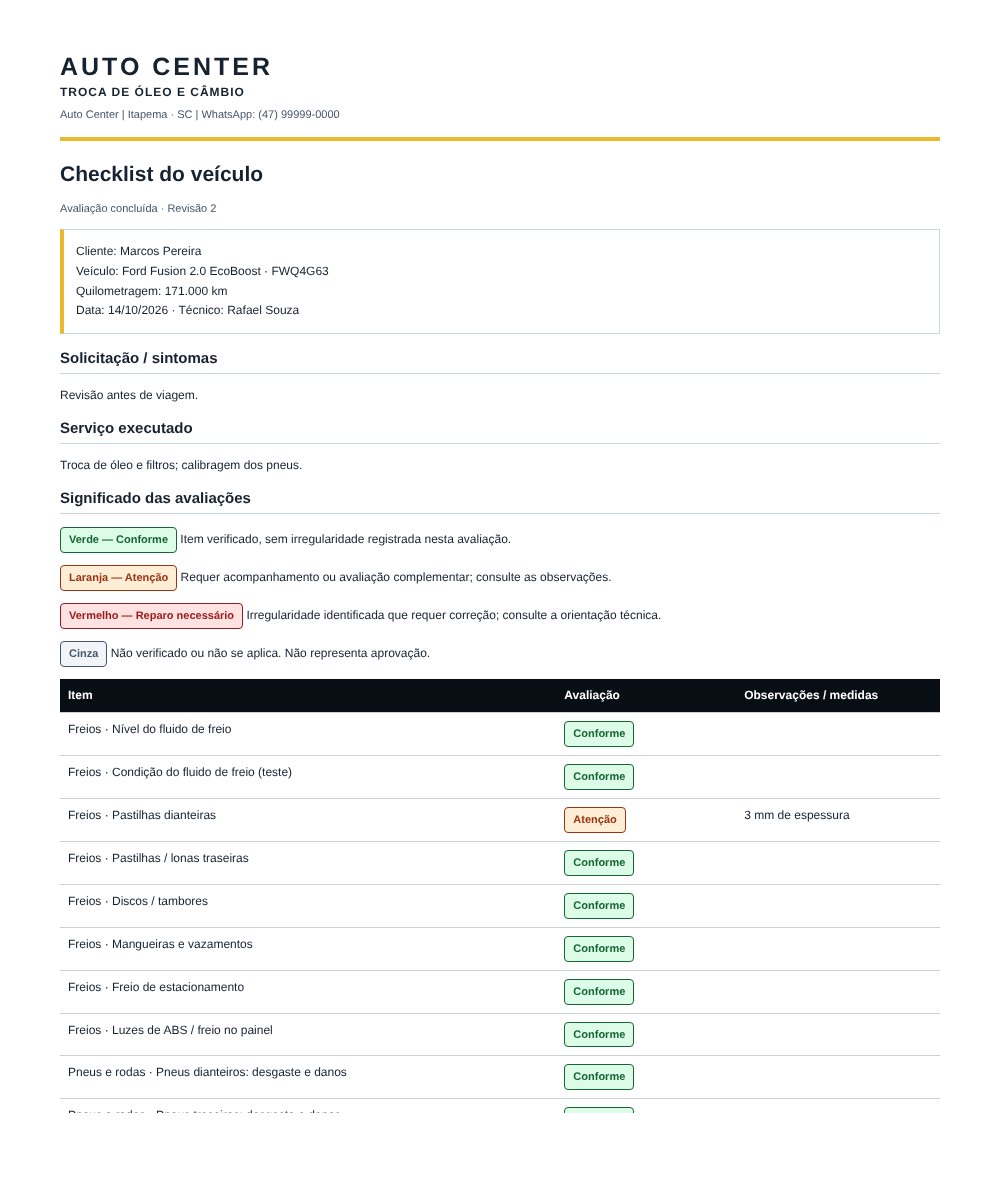 Checklist do Fusion com as pastilhas dianteiras em atenção