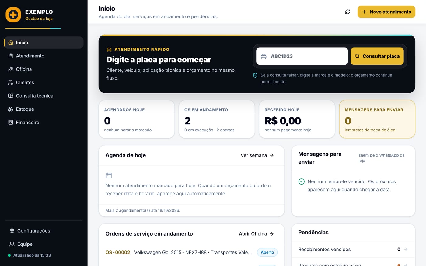 Tela inicial com a agenda do dia e os clientes com a troca vencida