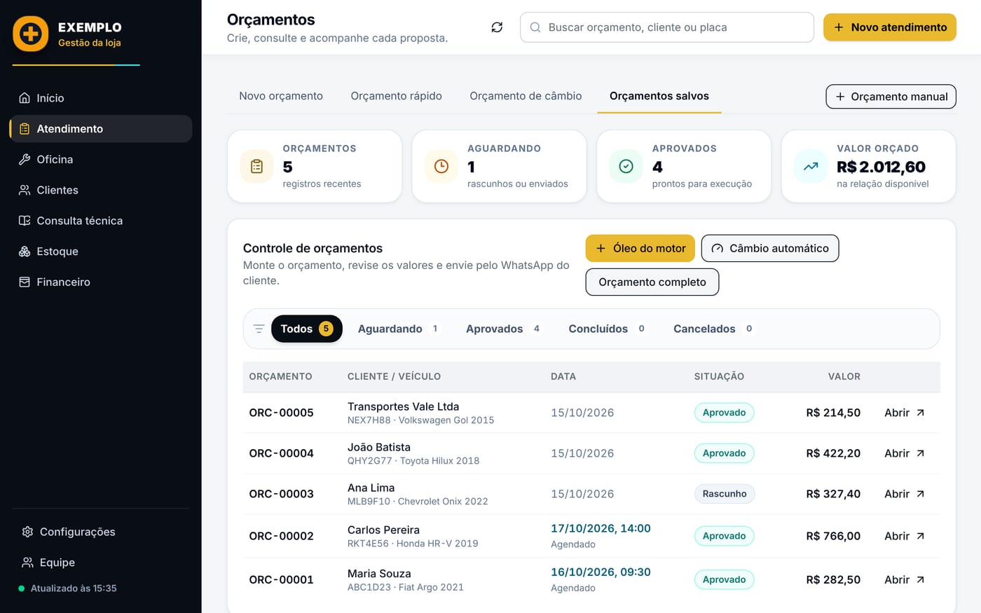 Lista de orçamentos salvos para acompanhar